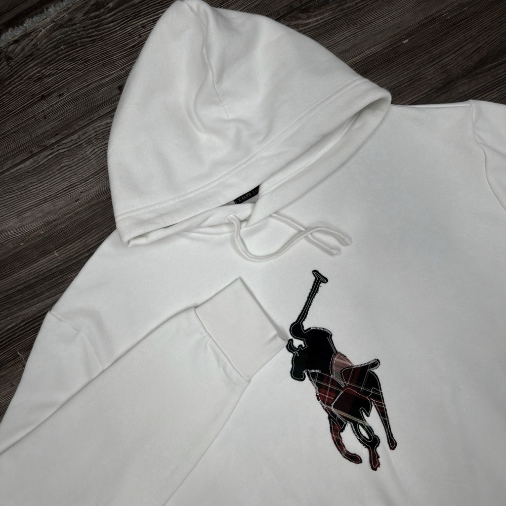 Polo Ralph Lauren Mens 2XLT Hoodie White Plaid Big Pony Logo CUT TAGS